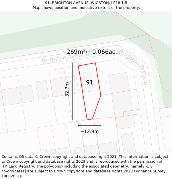 91, BRIGHTON AVENUE, WIGSTON, LE18 1JB: Plot and title map