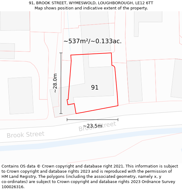 91, BROOK STREET, WYMESWOLD, LOUGHBOROUGH, LE12 6TT: Plot and title map