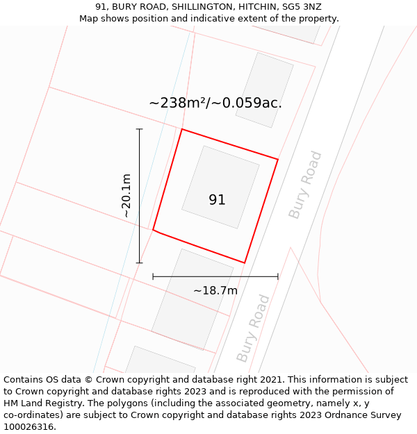 91, BURY ROAD, SHILLINGTON, HITCHIN, SG5 3NZ: Plot and title map