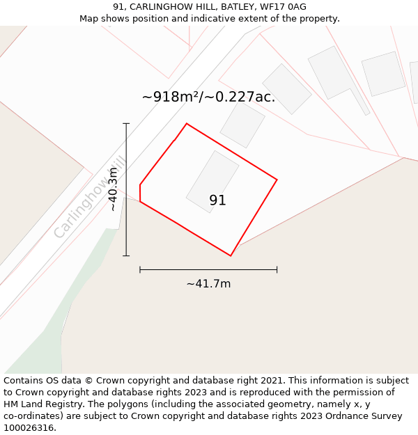 91, CARLINGHOW HILL, BATLEY, WF17 0AG: Plot and title map