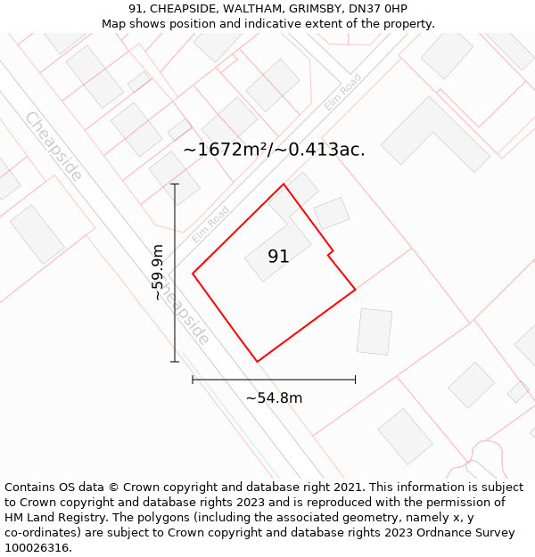 91, CHEAPSIDE, WALTHAM, GRIMSBY, DN37 0HP: Plot and title map