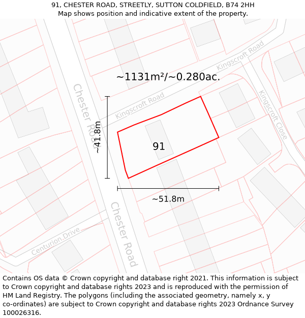 91, CHESTER ROAD, STREETLY, SUTTON COLDFIELD, B74 2HH: Plot and title map