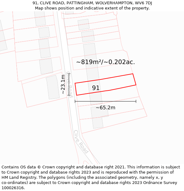 91, CLIVE ROAD, PATTINGHAM, WOLVERHAMPTON, WV6 7DJ: Plot and title map