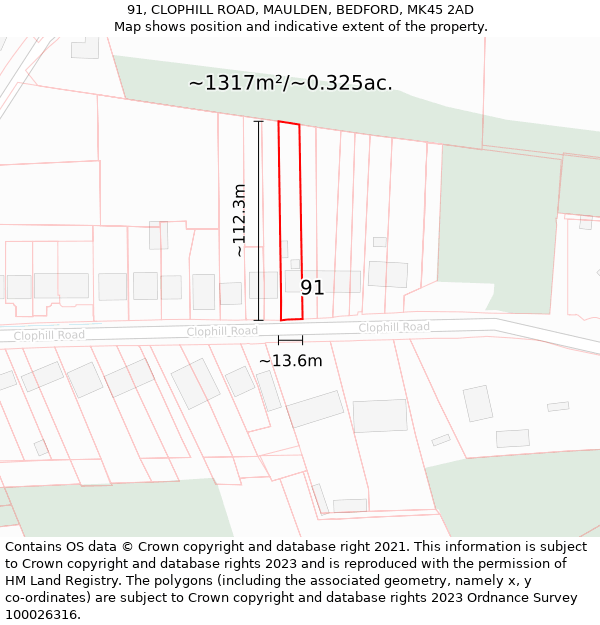 91, CLOPHILL ROAD, MAULDEN, BEDFORD, MK45 2AD: Plot and title map