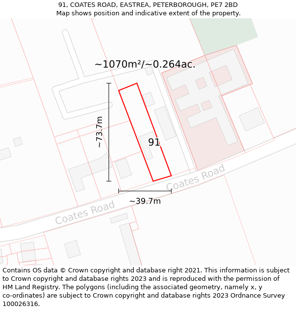 91, COATES ROAD, EASTREA, PETERBOROUGH, PE7 2BD: Plot and title map