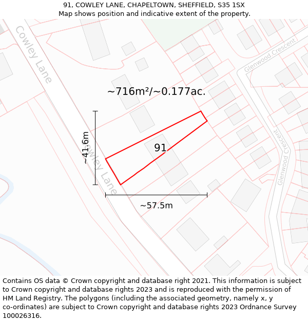 91, COWLEY LANE, CHAPELTOWN, SHEFFIELD, S35 1SX: Plot and title map