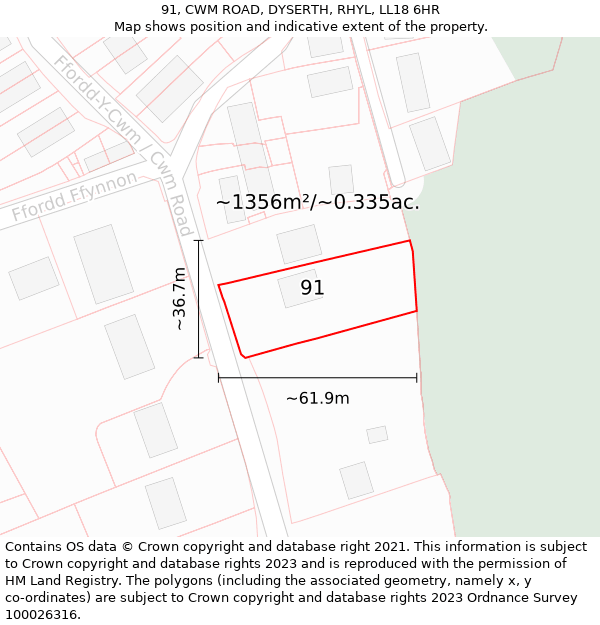 91, CWM ROAD, DYSERTH, RHYL, LL18 6HR: Plot and title map