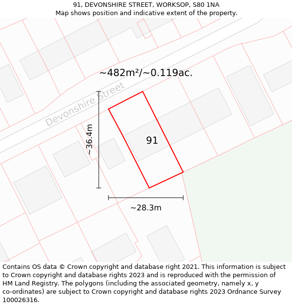 91, DEVONSHIRE STREET, WORKSOP, S80 1NA: Plot and title map