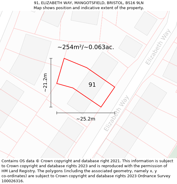 91, ELIZABETH WAY, MANGOTSFIELD, BRISTOL, BS16 9LN: Plot and title map