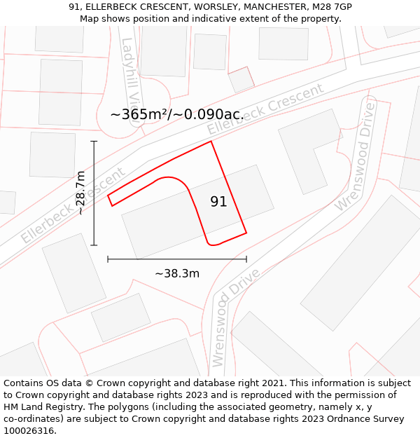 91, ELLERBECK CRESCENT, WORSLEY, MANCHESTER, M28 7GP: Plot and title map