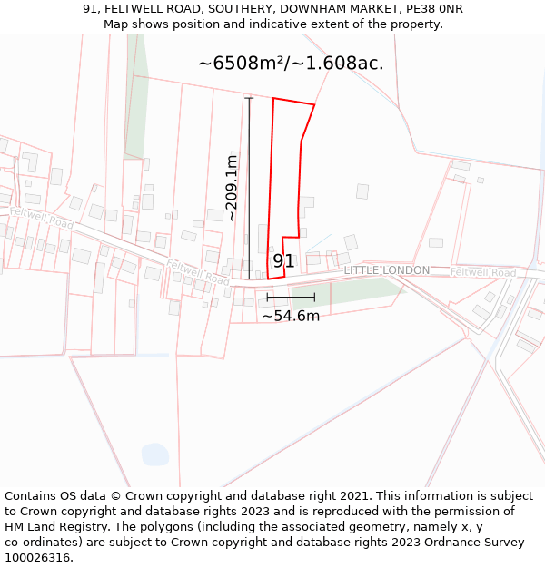 91, FELTWELL ROAD, SOUTHERY, DOWNHAM MARKET, PE38 0NR: Plot and title map