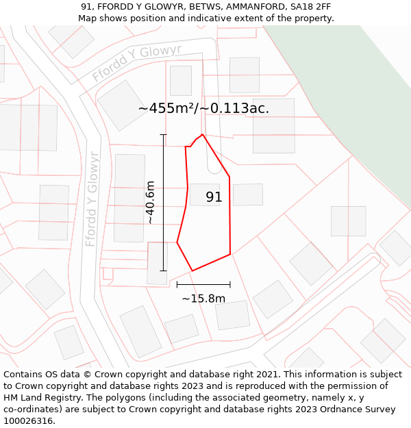 91, FFORDD Y GLOWYR, BETWS, AMMANFORD, SA18 2FF: Plot and title map