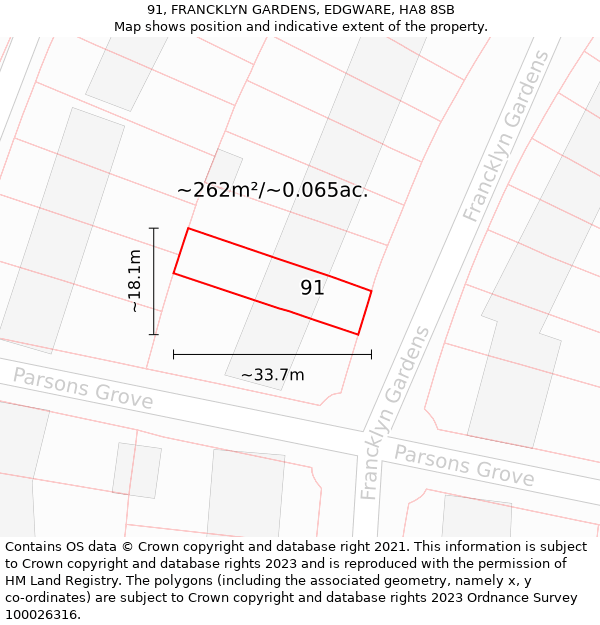 91, FRANCKLYN GARDENS, EDGWARE, HA8 8SB: Plot and title map