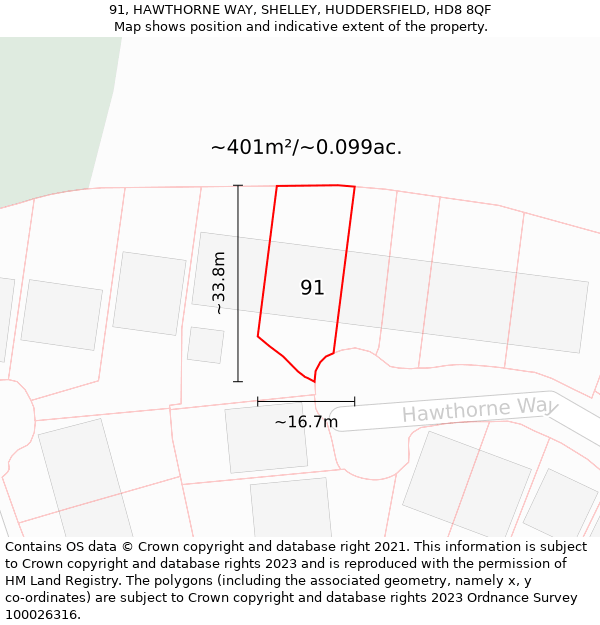 91, HAWTHORNE WAY, SHELLEY, HUDDERSFIELD, HD8 8QF: Plot and title map