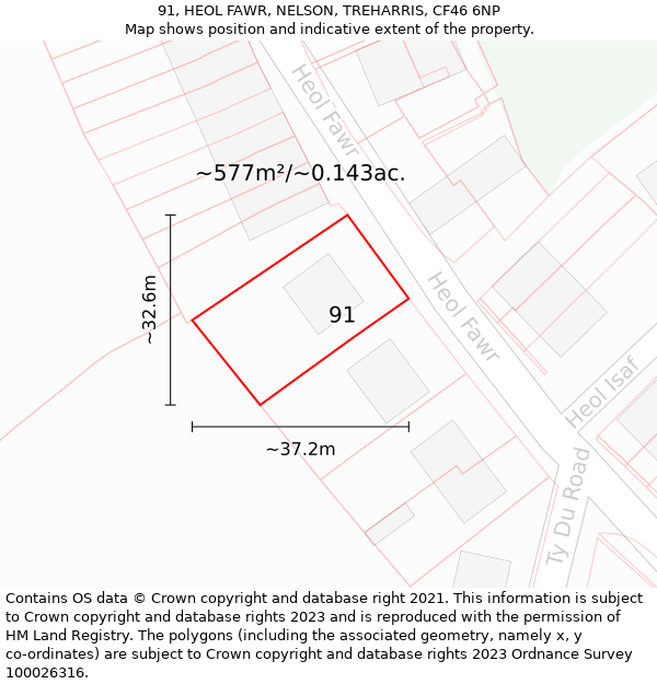 91, HEOL FAWR, NELSON, TREHARRIS, CF46 6NP: Plot and title map