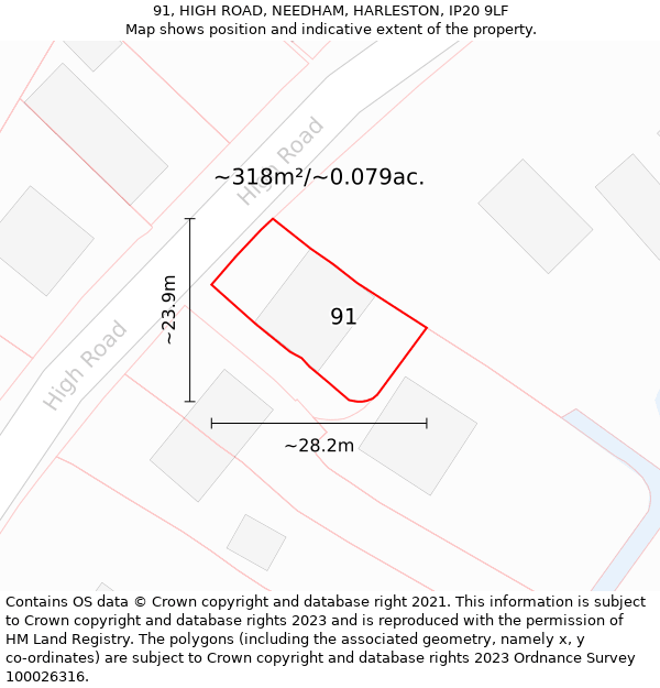 91, HIGH ROAD, NEEDHAM, HARLESTON, IP20 9LF: Plot and title map