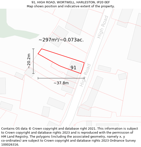 91, HIGH ROAD, WORTWELL, HARLESTON, IP20 0EF: Plot and title map