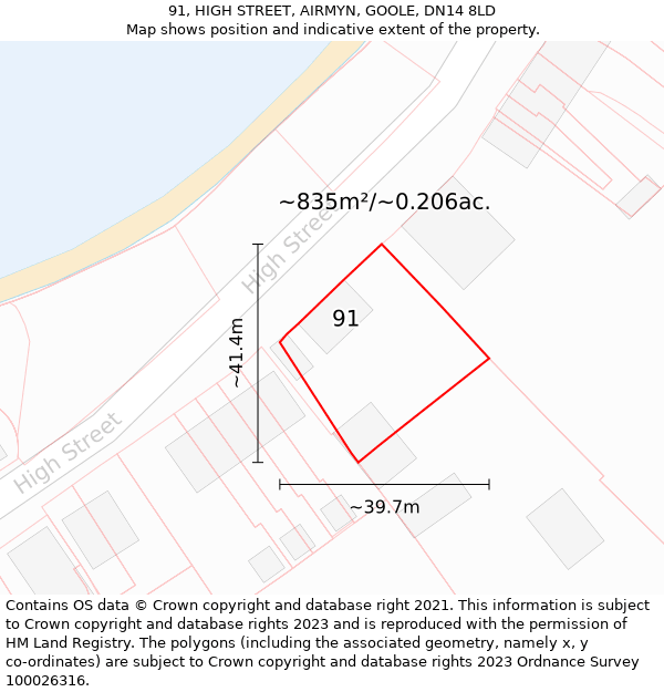 91, HIGH STREET, AIRMYN, GOOLE, DN14 8LD: Plot and title map