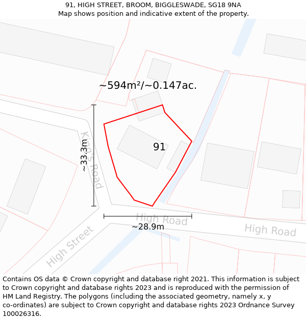 91, HIGH STREET, BROOM, BIGGLESWADE, SG18 9NA: Plot and title map