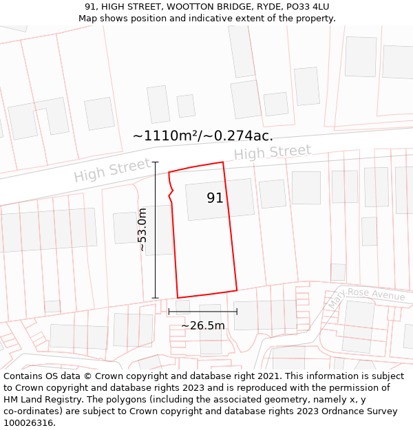 91, HIGH STREET, WOOTTON BRIDGE, RYDE, PO33 4LU: Plot and title map