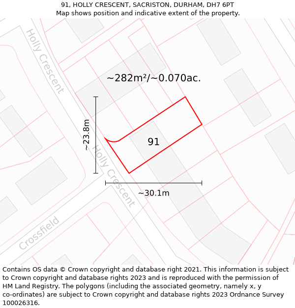 91, HOLLY CRESCENT, SACRISTON, DURHAM, DH7 6PT: Plot and title map