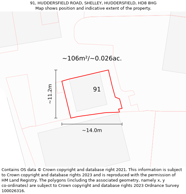 91, HUDDERSFIELD ROAD, SHELLEY, HUDDERSFIELD, HD8 8HG: Plot and title map