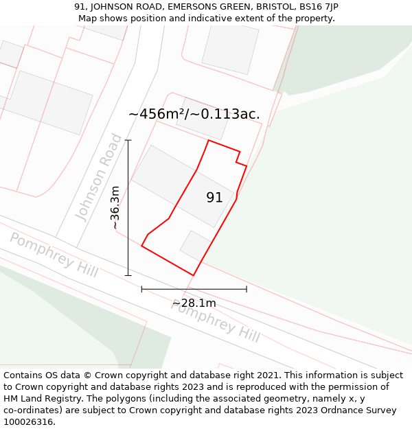 91, JOHNSON ROAD, EMERSONS GREEN, BRISTOL, BS16 7JP: Plot and title map