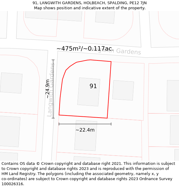 91, LANGWITH GARDENS, HOLBEACH, SPALDING, PE12 7JN: Plot and title map