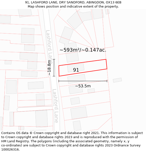 91, LASHFORD LANE, DRY SANDFORD, ABINGDON, OX13 6EB: Plot and title map