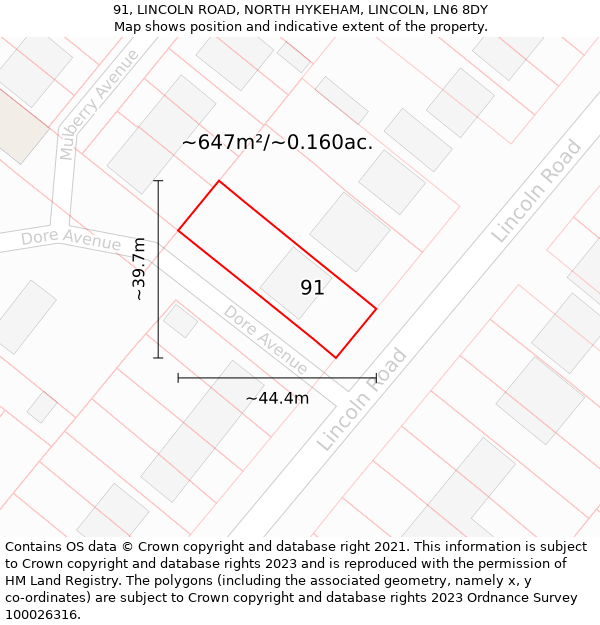 91, LINCOLN ROAD, NORTH HYKEHAM, LINCOLN, LN6 8DY: Plot and title map