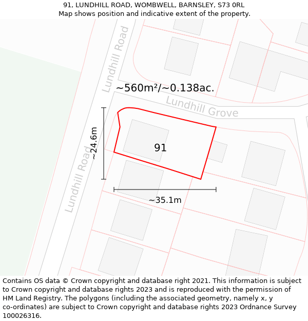 91, LUNDHILL ROAD, WOMBWELL, BARNSLEY, S73 0RL: Plot and title map