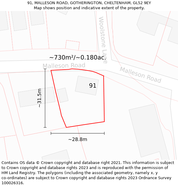 91, MALLESON ROAD, GOTHERINGTON, CHELTENHAM, GL52 9EY: Plot and title map