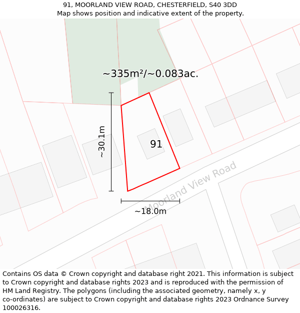 91, MOORLAND VIEW ROAD, CHESTERFIELD, S40 3DD: Plot and title map