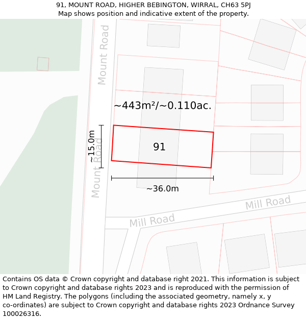 91, MOUNT ROAD, HIGHER BEBINGTON, WIRRAL, CH63 5PJ: Plot and title map