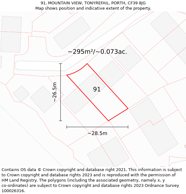 91, MOUNTAIN VIEW, TONYREFAIL, PORTH, CF39 8JG: Plot and title map