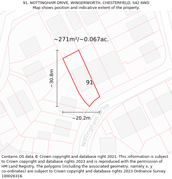 91, NOTTINGHAM DRIVE, WINGERWORTH, CHESTERFIELD, S42 6WD: Plot and title map