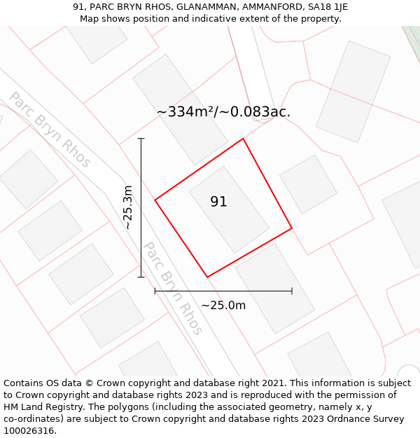 91, PARC BRYN RHOS, GLANAMMAN, AMMANFORD, SA18 1JE: Plot and title map