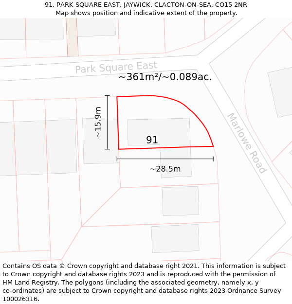 91, PARK SQUARE EAST, JAYWICK, CLACTON-ON-SEA, CO15 2NR: Plot and title map