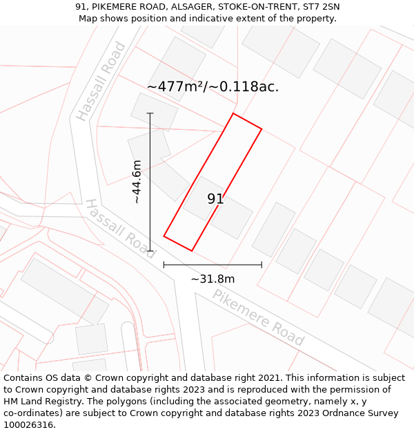 91, PIKEMERE ROAD, ALSAGER, STOKE-ON-TRENT, ST7 2SN: Plot and title map