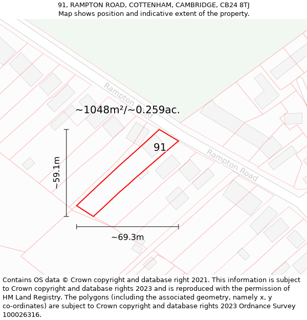 91, RAMPTON ROAD, COTTENHAM, CAMBRIDGE, CB24 8TJ: Plot and title map