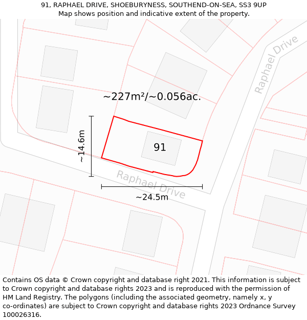 91, RAPHAEL DRIVE, SHOEBURYNESS, SOUTHEND-ON-SEA, SS3 9UP: Plot and title map