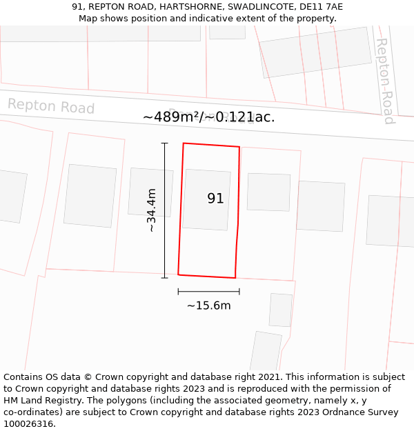 91, REPTON ROAD, HARTSHORNE, SWADLINCOTE, DE11 7AE: Plot and title map