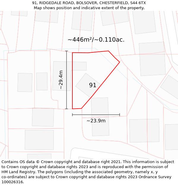 91, RIDGEDALE ROAD, BOLSOVER, CHESTERFIELD, S44 6TX: Plot and title map