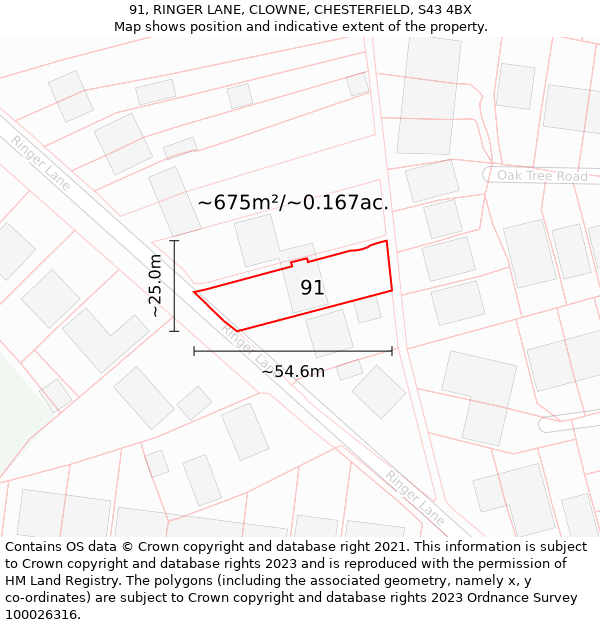 91, RINGER LANE, CLOWNE, CHESTERFIELD, S43 4BX: Plot and title map