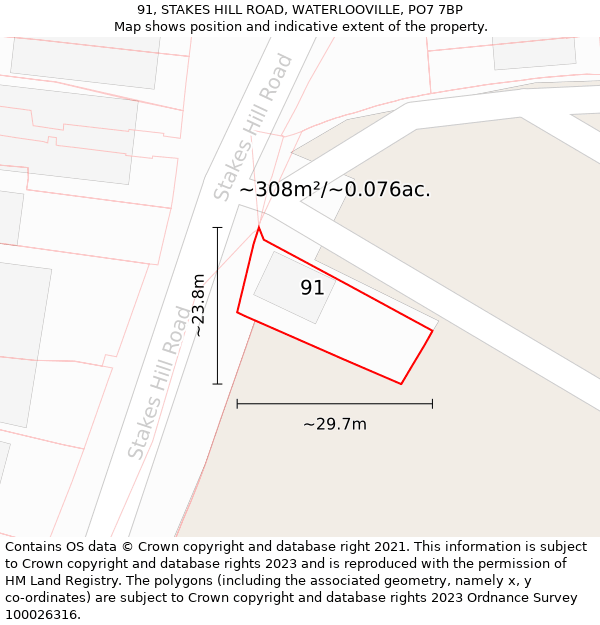 91, STAKES HILL ROAD, WATERLOOVILLE, PO7 7BP: Plot and title map