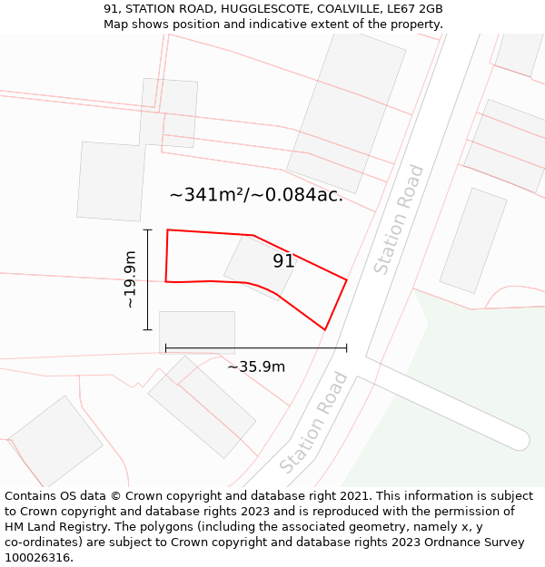 91, STATION ROAD, HUGGLESCOTE, COALVILLE, LE67 2GB: Plot and title map