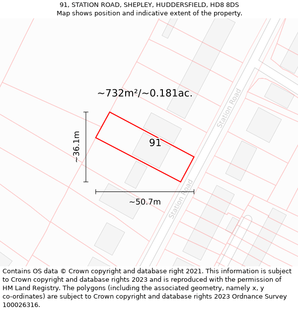 91, STATION ROAD, SHEPLEY, HUDDERSFIELD, HD8 8DS: Plot and title map