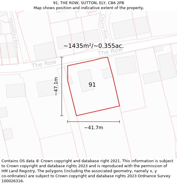 91, THE ROW, SUTTON, ELY, CB6 2PB: Plot and title map