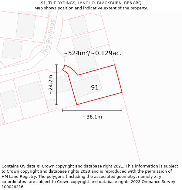 91, THE RYDINGS, LANGHO, BLACKBURN, BB6 8BQ: Plot and title map