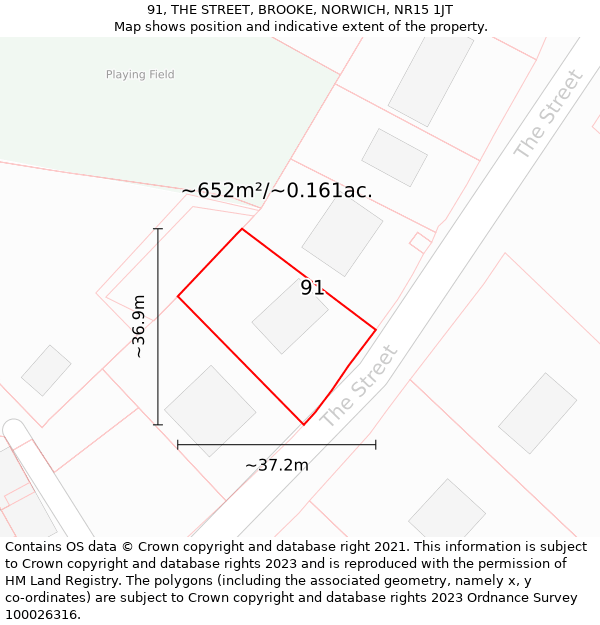 91, THE STREET, BROOKE, NORWICH, NR15 1JT: Plot and title map